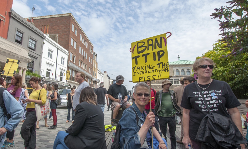 Protestors against the EU-US Transatlantic Trade and Investment Partnership in Brighton. Photograph: